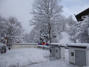 Die Skifahrer gehen zum Zug